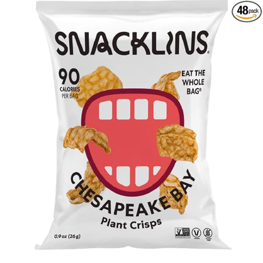 SNACKLINS Plant Based Crisps CHESAPEAKE BAY - Gluten Free, Grain Free, 100% Kosher, Vegan Healthy Snacks, Crunchy Puffed Snack, Only 100 Calories Per Bag - .9oz Bag (Case of 48)