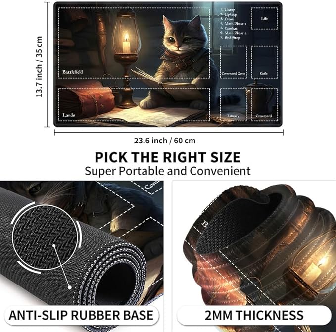 Playmat with Zones for MTG Card Game Playing, Game Mats Tabletop Magic Play Mats 24"x14" Commander Deck Gaming Desk Duel Mat Card Gameplay Mats for Beginner, Cat and Dungeons