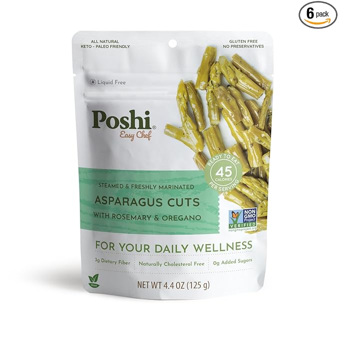 POSHI Marinated Asparagus Cuts with Rosemary + Oregano Natural, Keto, Vegan, Non GMO, Low Carb + Calorie, Gluten Free Ready to Eat Fully Cooked Vegetables, Pentry Food, Gourmet, Healthy 6 Pack, 4.4oz