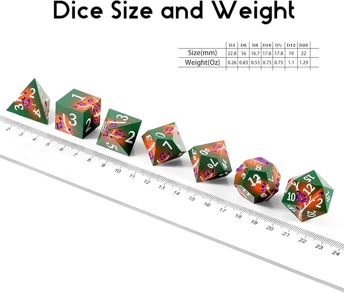 DNDND Metal Dice, 7 PCS Metallic Flowers D&D Dice with Gorgeous Gift Case for DND Dungeons and Dragon Tabletop Game (Army Green and Orange)
