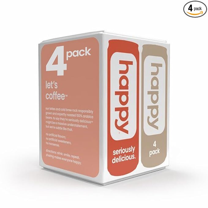 happy coffee canned mocha, caramel, vanilla latte, 11 oz. cans, 4 count, 100% arabica beans, no artificial flavors or sweeteners, FLAVORED COFFEE