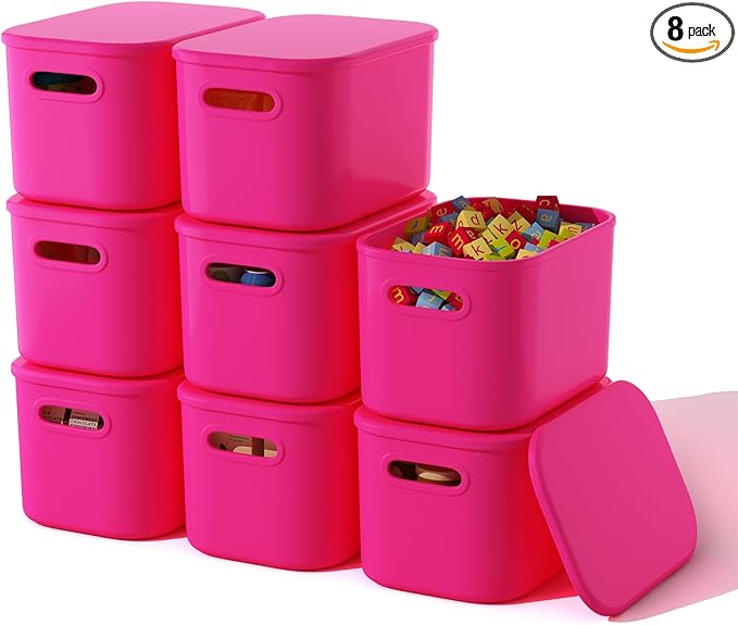 8 Pack Pink Storage Bins with Lids Stackable Storage Container for Organizing, Storage Boxes with Handle for Shelves, Cute Storage Bin for Craft, Snacks, 9.85x6.9x5.7 inch
