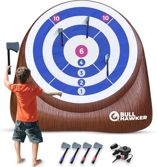 Swooc Games® - Bull Hawker™ | Giant Axe Darts (Over 6ft Tall) w/ 15+ Games | Axe Throwing Game for Backyard w/Air Pump | Outdoor Games for Adults and Family | Carnival Games | Throwing Axe Yard Games