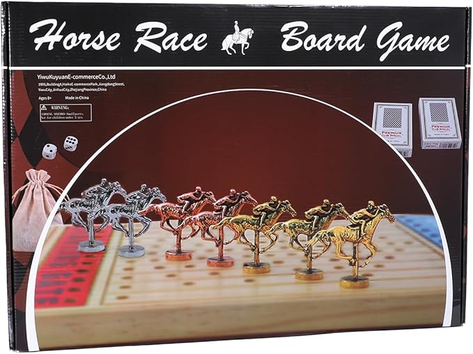 21 inches Horse Race Board Game Racing Game Solid Wood with 11 Luxurious Durable Classic Metal Horses Finish Line Horse Racing Game with 4 Dice and 2 Boxes of Cards
