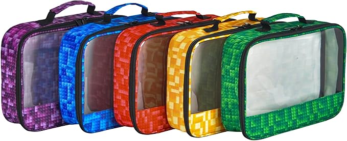 5 PCS Toys Storage Bags for kids,Travel Organizer Pouch Case for Lego Bricks, Puzzles, Building Blocks,Waterproof Colorful Print Design with Handle (Half-Transparent)