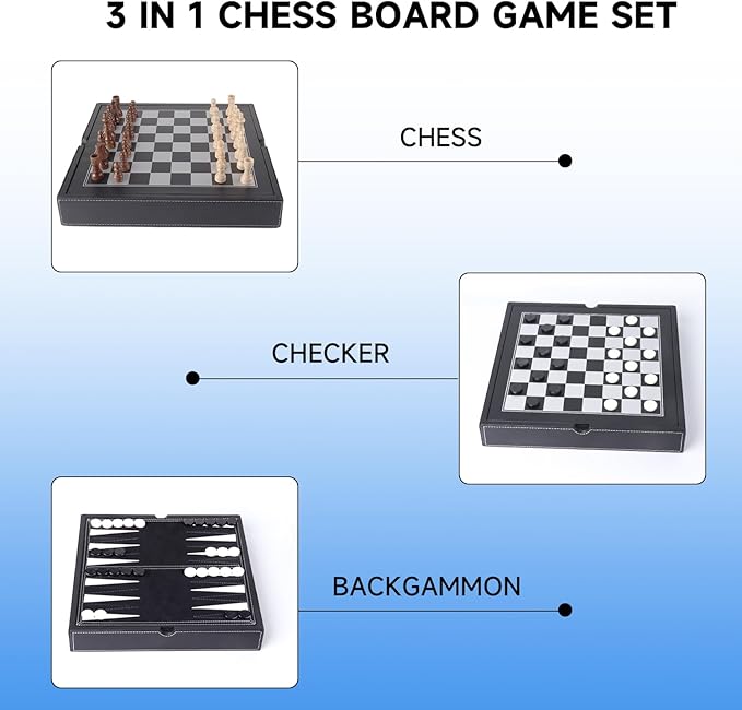 GSE Games & Sports Expert 12.5" Premium Leather 3-in-1 Chess, Checker and Backgammon Board Game Combo Set, Classic Board Strategy Game for Kids & Adults