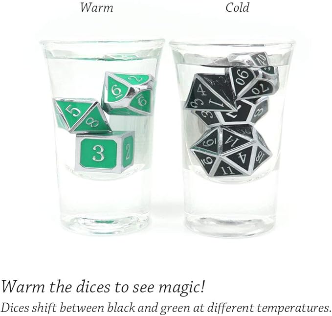 Haxtec Color Shifting Metal DND Dice Set Temperature Sensitive Polyhedral D&D Dices for RPG Dungeons and Dragons-Silver Black Green Shift