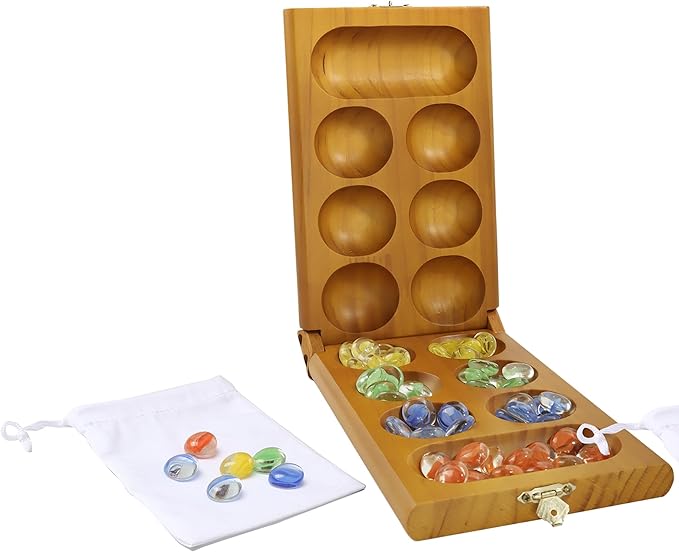GSE Games & Sports Expert Folding Wooden Mancala Board Game with Multi-Color Glass Stones and Storage Bag, Portable Family Travel Strategy Games Set for Kids & Adults (Oak)