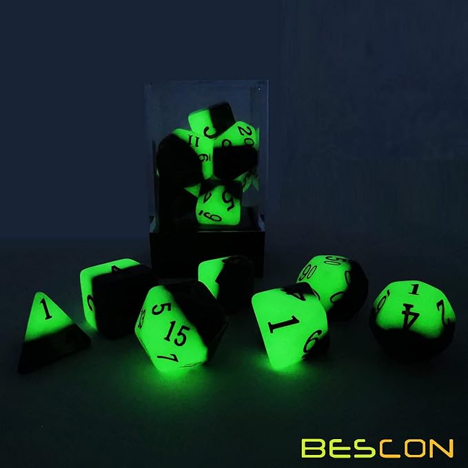 Bescon Two-Tone Glowing Polyhedral Dice 7pcs Set Green Dawn, Luminous RPG Dice Set d4 d6 d8 d10 d12 d20 d%, Brick Box Packaging