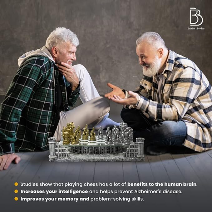 BB Brother Brother Ancient Roman Gladiators 3D Chess Board Game Set, Glass Board, Handmade Gold and Silver Polyresin Chess Pieces for 2 Players