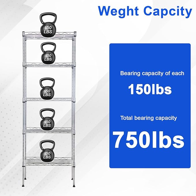 Metal Frame Storage Shelves 5-Tier Wire Shelving NSF Certified Storage Rack Shelf Heavy Duty Storage Shelf with Leveling Feet for Home Kitchen Garage, 12" Dx17 Wx48 H, Chrome
