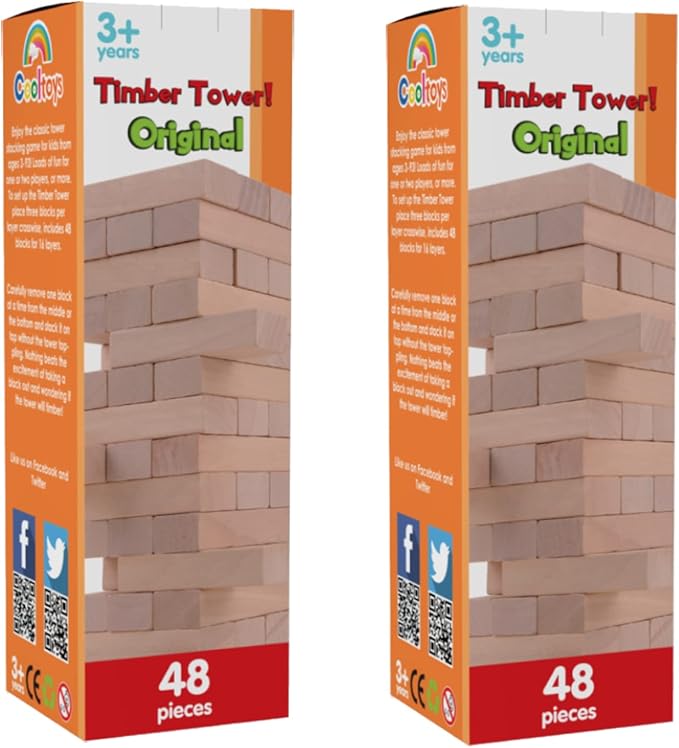 CoolToys Timber Tower Wood Block Stacking Game – Original Edition (48 Pieces) – 2 Pack