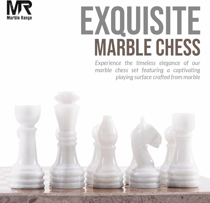 Marble Chess Set 15 Inch Handmade Oceanic & White Board Game with Storage Box, Classic Travel Chess Set for Adults with Pieces & 2 Extra Queens, Elegant Gift & Home Décor