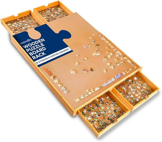 SereneLife 1500-Piece Portable Jigsaw Puzzle Board, Puzzle Table with 4 Storage Drawers, Detachable Puzzle Keeper & Smooth Non-Slip Surface, Wooden Puzzle Caddy for Family Games