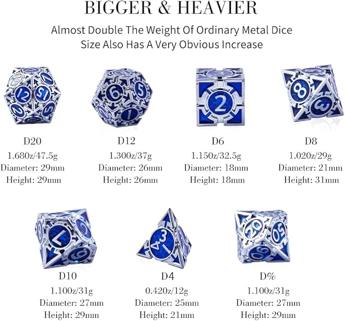RULE DND Dice Set Metal Blue Solid Weighted D&D Dungeons & Dragons Polyhedral D20 D4 D12 D10 D% D8 D6 with Gift Box