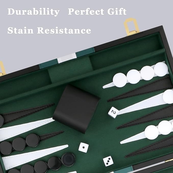 Backgammon Set - Classic Board Game with Premium Leather Case - Portable Travel Strategy Backgammon Game Set for Adults, Kids - Suitable as (15inch, Black)