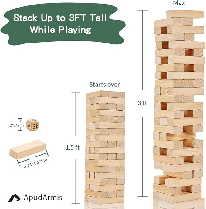 ApudArmis 54 PCS Tumble Timber Set [Stack to 3FT], Pine Wooden Tumble Tower Game with Dice and Scoreboard Set - Classic Block Stacking Board Game for Teens Children Teenagers