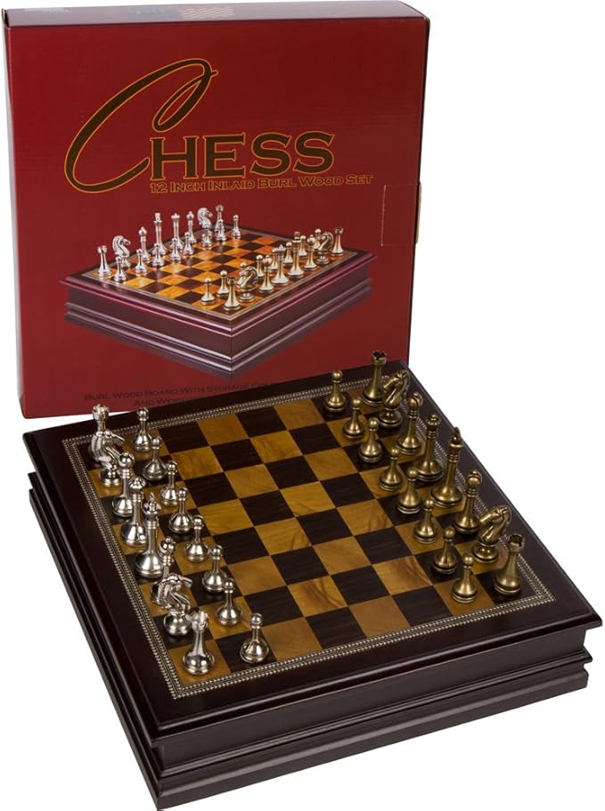 Grace Chess Inlaid Wood Board Game Set with Metal Pieces, Medium 12 x 12 Inch