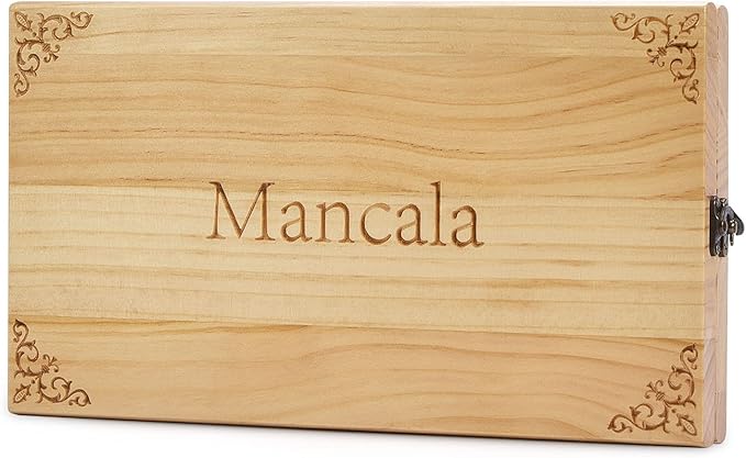 AMEROUS Wooden Mancala Board Game Set - Upgraded Larger Size - 72+8 Bonus Multi Color Glass Stones - Folding Board - Gift Package -Instructions, Portable Board Game for Adults, Kids