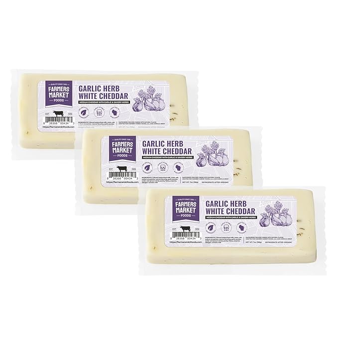 Farmers' Market Garlic Herb White Cheddar Cheese Block 7oz, Shelf Stable, Locally Sourced Wisconsin Cheese, All Natural Cheese Snack, Perfect for Slicing and Shredding, 3-Pack
