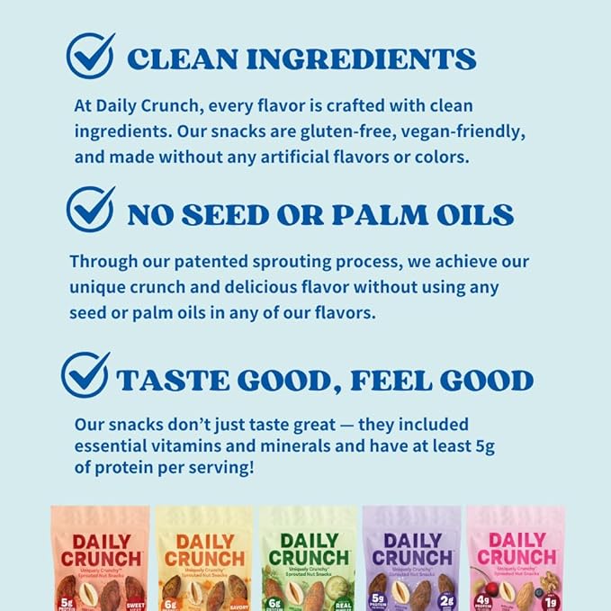 Daily Crunch Sprouted Almonds, 4oz Pantry Resealable Bags (Family Pack, 5 Pack) (Packaging May Vary, Contains: Dill Pickle, Cocoa and Sea Salt, Turmeric and Sea Salt, Nashville Hot,Cherry Berry)