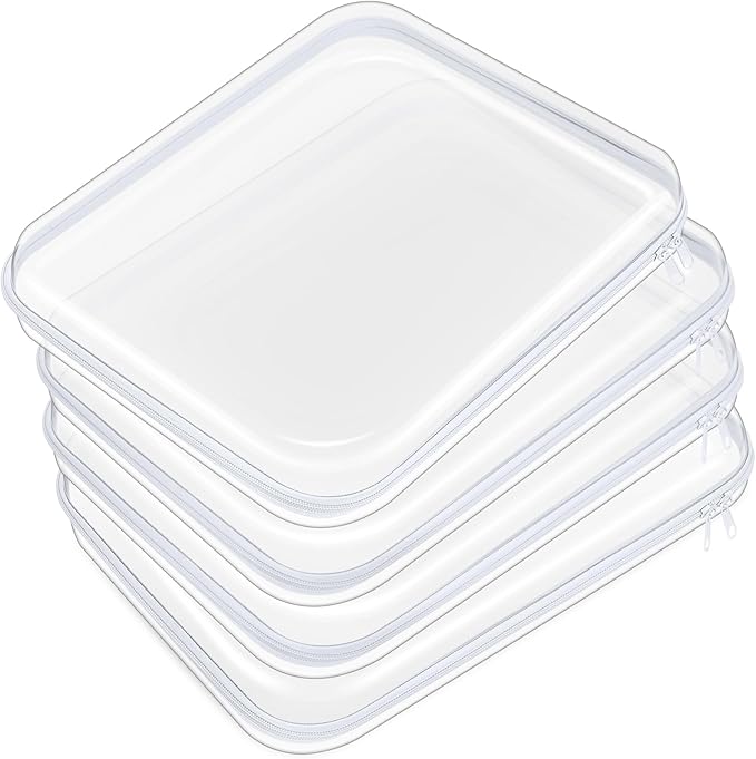 Hoolerry 4 Pcs Hard Clear Zipper Case Transparent Cases for Snacks Makeup Bag Plastic Storage Box Containers for Building Blocks, Puzzles, Cosmetics (White,13.8 x 11.8 x 2 in)
