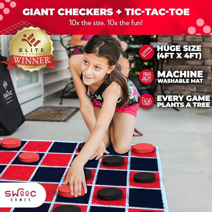 Swooc Games® - 2-in-1 Vintage Giant Checkers & Tic Tac Toe Game W/Mat (4ft x 4ft) - 100% Machine-Washable Canvas - Giant Outdoor Games for Kids - Yard Game for Kids - Jumbo Lawn Set - Large Checkers