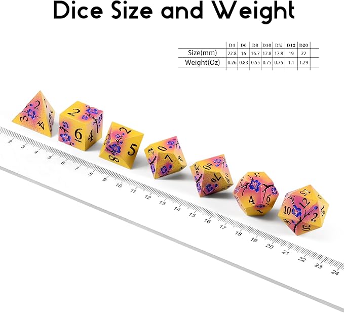 DNDND Flowers Metal Dice, 7 PCS Metallic DND Dice with Gorgeous Gift Case for D&D Dungeons and Dragon Tabletop Game (Earth Yellow and Purple)