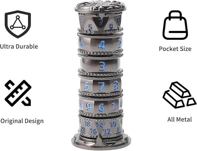 Pagoda Dice Spinner, 7 in 1 Metal Unique Roulette Dice for Sci-Fi, War, Crime Theme Tabletop Games