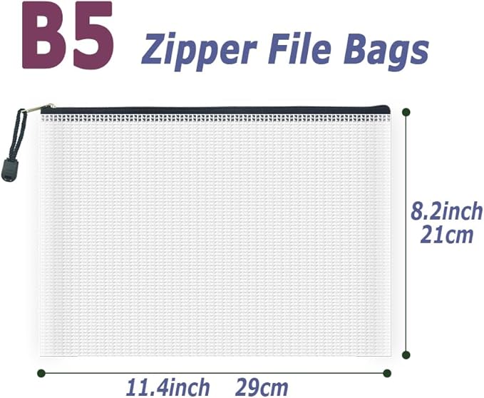 AUSTARK 20 Pcs Zipper File Bags, Plastic Mesh Pouch, Board Game Storage Bag, Waterproof Bags for Office School (B5 Size 11.4''x8.2'', White and Black)