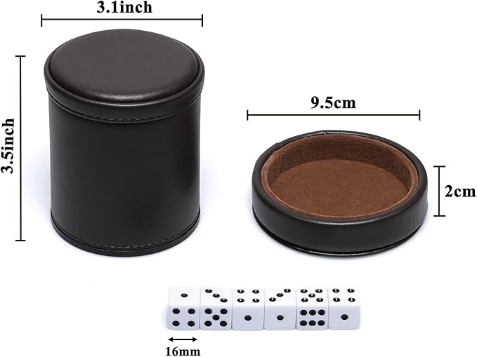 PU Leather Dice Cup with Lid, Dark Chocolate Leatherette and Dark Brown Felt-Lined Quiet Dice Shaker Cup, Including 6 Black Dot Dice for Liars Dice/ Farkle/ Yahtzee Games, 1 Pack