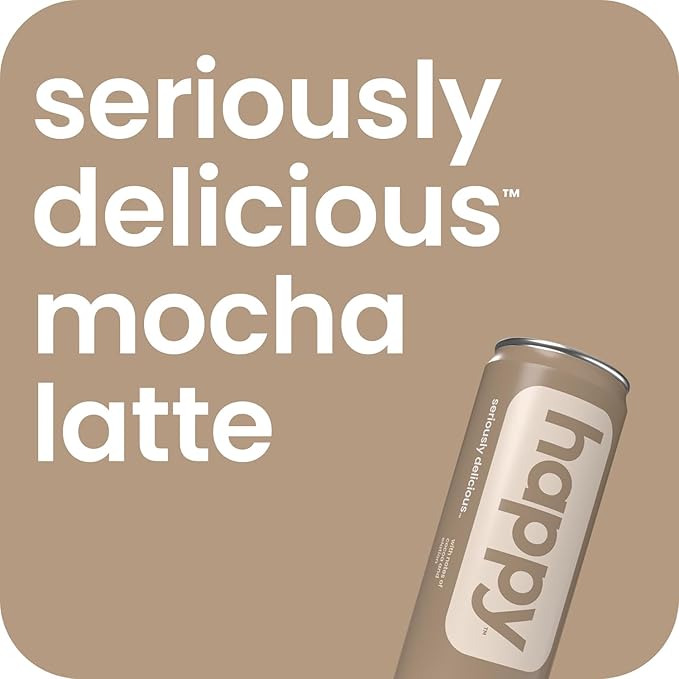 happy coffee canned mocha latte, 11 oz. cans, 12 pack, notes of cocoa & elation, 100% arabica beans, no artificial flavors or sweeteners