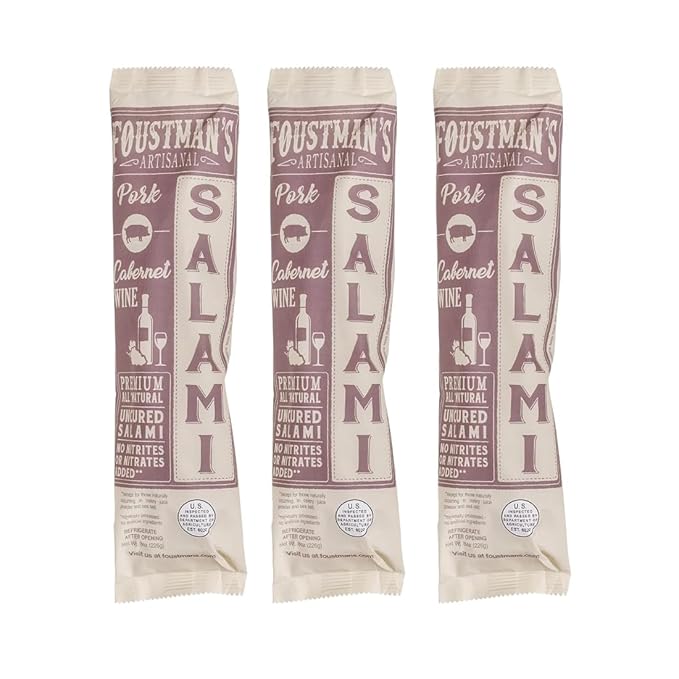 Foustman's Salami Pork Cabernet Wine Artisanal, Nitrate-Free, Naturally Cured, Gluten-Free, Dairy-Free, Pack of 3, 8 Oz Each
