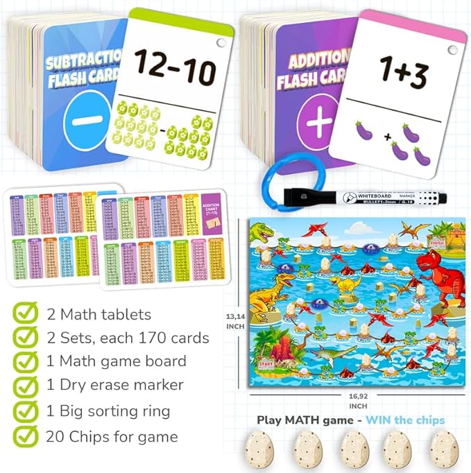 QUOKKA 3xSet Addition and Subtraction Flash Cards - 340 Flashcards Math Game for Kindergarten - Learning Board Games for Boys and Girls Ages 4-8 - Fun Educational Preschool Games