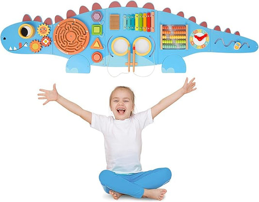 Dinosaur Sensory Wall Panel for Kids,10-in-1 Wall Toys for Toddlers, Montessori Busy Board, Activity Wall Busy Board Suitable for Toddler Playroom Bedroom Decor