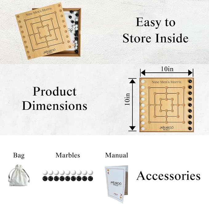 Nine Mens Morris Board Game - 2 Player Games Marble Tic Tac Teo Game - Ancient Rome Board Game - Black & White Marble Strategy Game - Wooden Board Games Strategy Games for Adults (Oak)