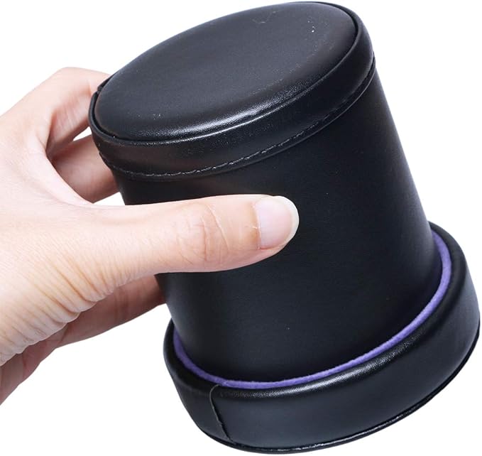 PU Leather Dice Cup with Lid, Purple Velvet Interior Quiet Dice Shaker Cup Including 6 Purple Translucent Dice for Liars Dice/ Farkle/ Yahtzee Games, 1 Pack