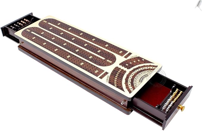 Continuous Cribbage Board/Box Inlaid in Maple/Rosewood : 4 Track - Side Drawers with Score Marking Fields for Skunks, Corners and Won Games