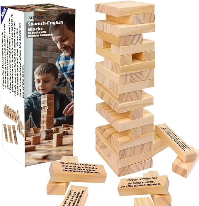 Spanish Learning Games for Kids | Stacking Tower Game | Bilingual Gifts for Family Classroom | 54 Blocks with Hilarious Commands | Ideal Board Game