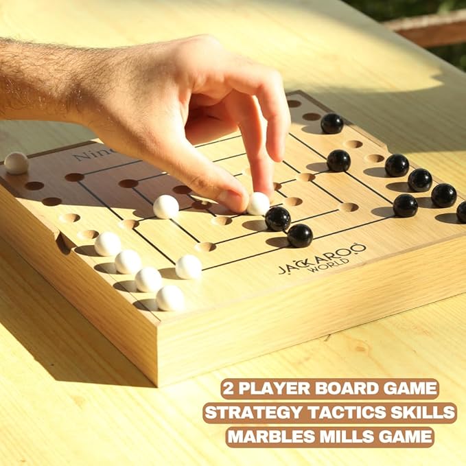 Nine Mens Morris Board Game - 2 Player Games Marble Tic Tac Teo Game - Ancient Rome Board Game - Black & White Marble Strategy Game - Wooden Board Games Strategy Games for Adults (Oak)