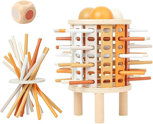Montessori Toys for 3 Years Old - Wooden Tower Sticks Game, 3-in-1 Ball Drop and Pick-up Sticks Game with Dice - Balance Toy for Patience Training