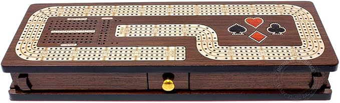 Continuous Cribbage Board/Box Inlaid in Wenge Wood/Maple : 4 Track - Cards & Pegs Storage Drawer with Score Marking Fields for Skunks, Corners and Won Games