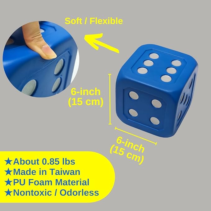 Macro Giant 6 Inch PU Foam Jumbo Big Playing Dice, Set of 2, Blue Color, Math Teaching, Teaching Aids, Board Games, Kid Toy