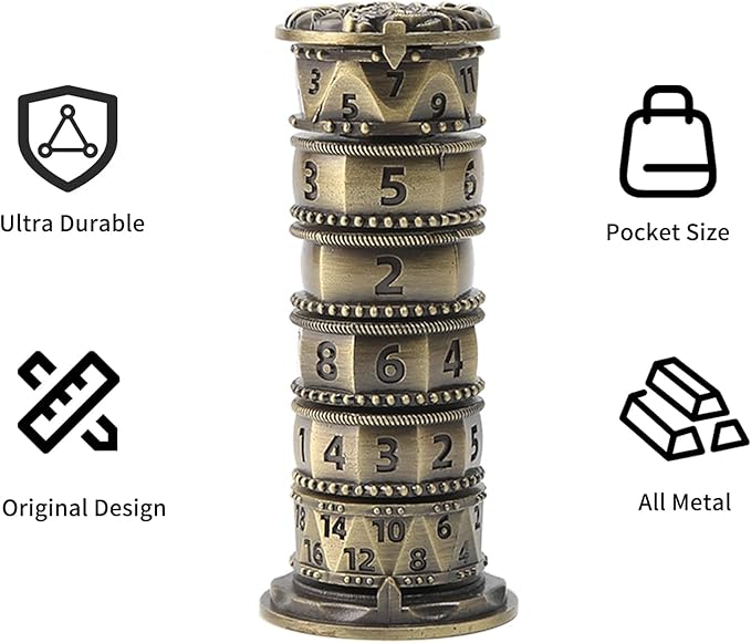 Pagoda Dice Spinner, 7 in 1 Metal Unique Roulette Dice for Sci-Fi, War, Crime Theme Tabletop Games