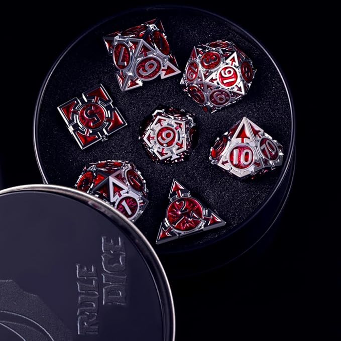 RULE DND Dice - Metal Polyhedral Set, Large Role Playing, Red Weighted Metallic, MTG RPG Dice with Gift Box