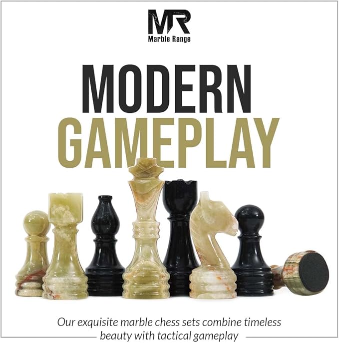 Marble Chess Set 15 Inch Handmade Oceanic & Black Board Game with Storage Box, Classic Travel Chess Set for Adults with Pieces & 2 Extra Queens, Elegant Gift & Home Décor