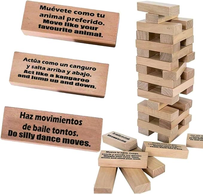 Spanish Learning Games for Kids | Stacking Tower Game | Bilingual Gifts for Family Classroom | 54 Blocks with Hilarious Commands | Ideal Board Game