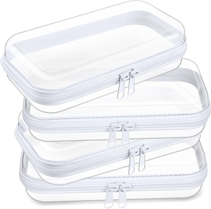 Hoolerry 4 Pcs Hard Clear Zipper Case Transparent Cases for Snacks Makeup Bag Plastic Storage Box Containers for Building Blocks, Puzzles, Cosmetics(White,7.5 x 3.9 x 2 in)
