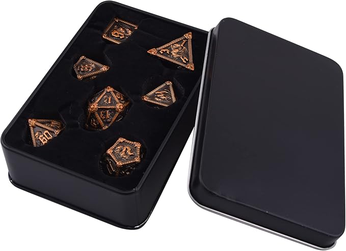 AUSTOR 7-Die Metal DND Dice Set Dungeons and Dragons Polyhedral Roll Playing Dice with Box D20 D12 D10 D% D8 D6 D4 for Pathfinder MTG RPG Board Games