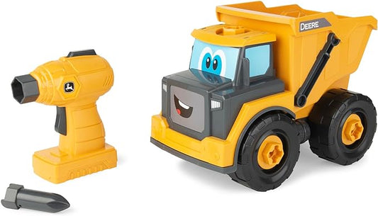 Build-A-Buddy John Deere Dump Truck Toy - Buildable Dump Truck Take Apart Toys with Toy Drill - AA Batteries Included - STEM Building Toys - Yellow - Construction Toys for Kids Ages 18 Months and Up